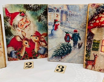 CHRISTMAS Vintage Wood Blocks. Home Decor. Tiered Tray Accents. Shelf Sitter. Office Decor. Kitchen Accent.