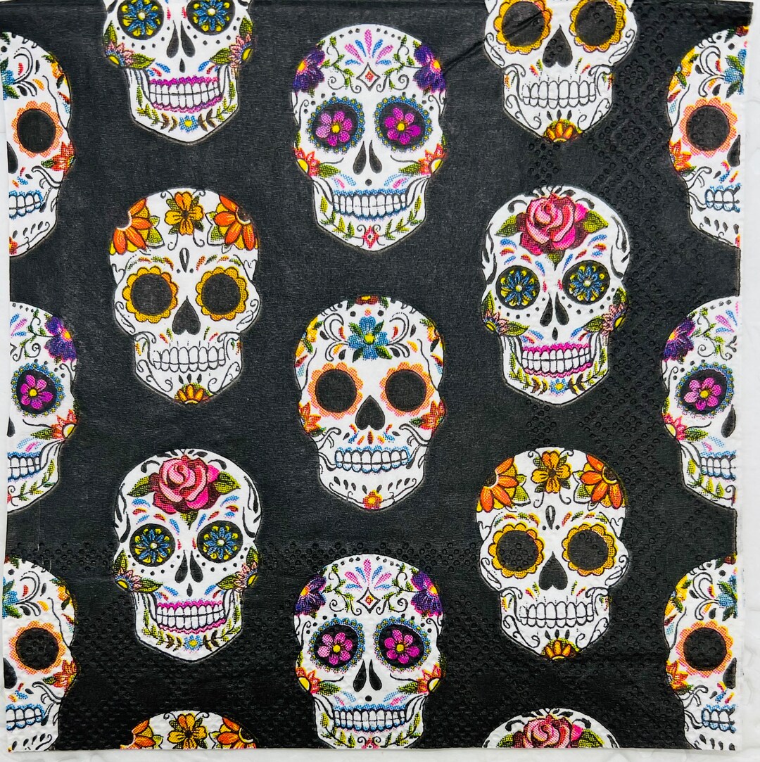 4 Skull Paper Napkins. Halloween Cocktail Napkins for Decoupage. Card