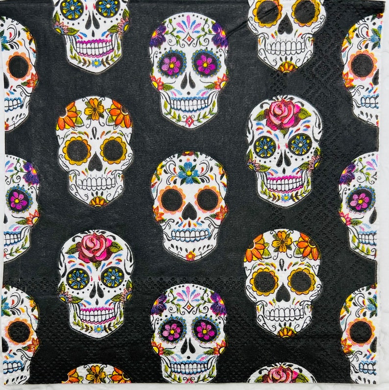 4 Skull Paper Napkins. Halloween Cocktail Napkins For Decoupage. Card Making Supplies. Collage Pieces. Junk Journal Supplies. Party Decor image 1