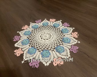handmade crochet lace doily, with flower and butterfly motif, home decor, unique