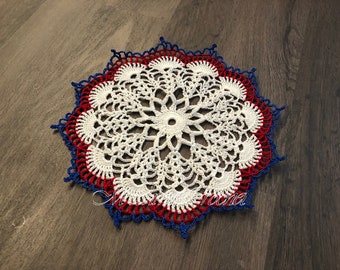 handmade crochet doily, Fourth of July color, home decor