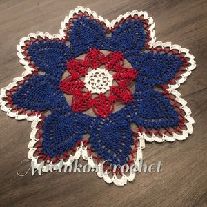 4th of July doily, white, red, blue color, pineapple design handmade crochet lace doily, home decor