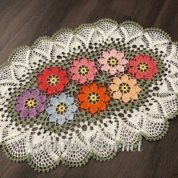 handmade oval shape flower motif crochet runner, home decor, table accessories