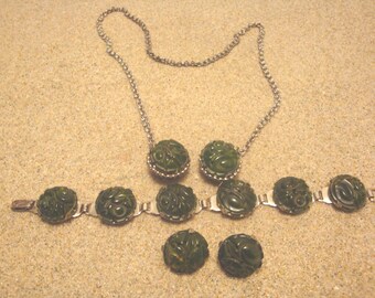 Zeldzame Art Deco-tijdperk bakeliet Parure! Gesneden gemarmerde groene en gele kleuren!