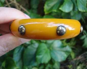 Rare Vintage 3/4" Egg Yolk Yellow Bakelite Bracelet! Eight Inlaid Brass Dots!