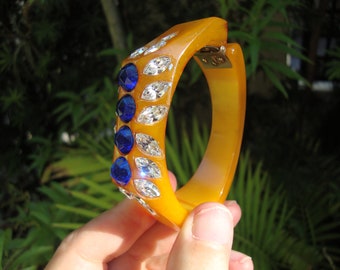 Awesome Vintage Bakelite Clamper Bracelet! Dazzling Blue/Marquise Rhinestones!