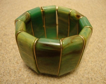 Gorgeous Vintage 2" Bakelite Stretch Bracelet! Marbled Green Turquoise Colors!