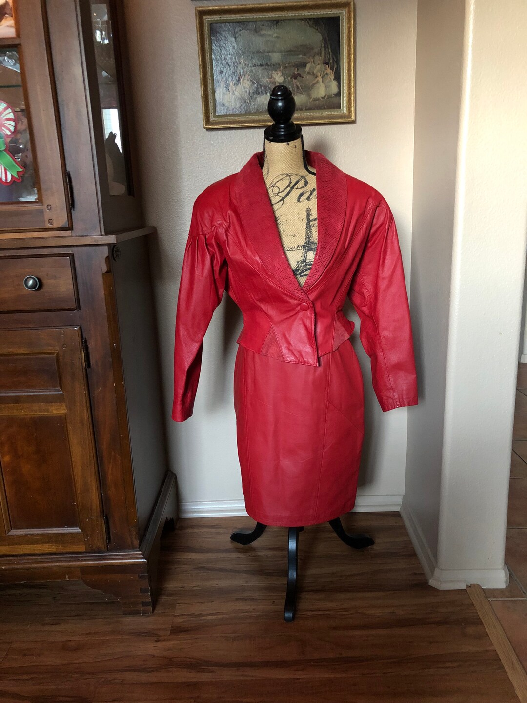Vintage 1980 Red Hot Leather Jacket and Pencil Skirt Size Medium Size ...