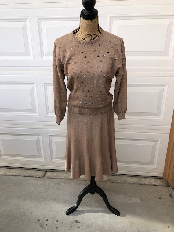 Vintage 1950s brown beaded knit set size large