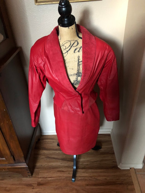 Vintage 1980 red hot leather jacket and pencil skirt … - Gem