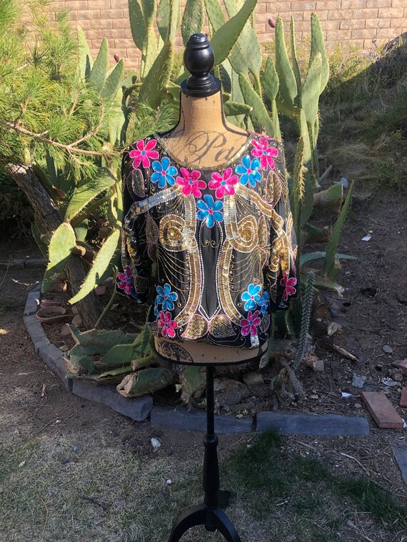 Gorgeous vintage 1980s beaded sequin flower blous… - image 1