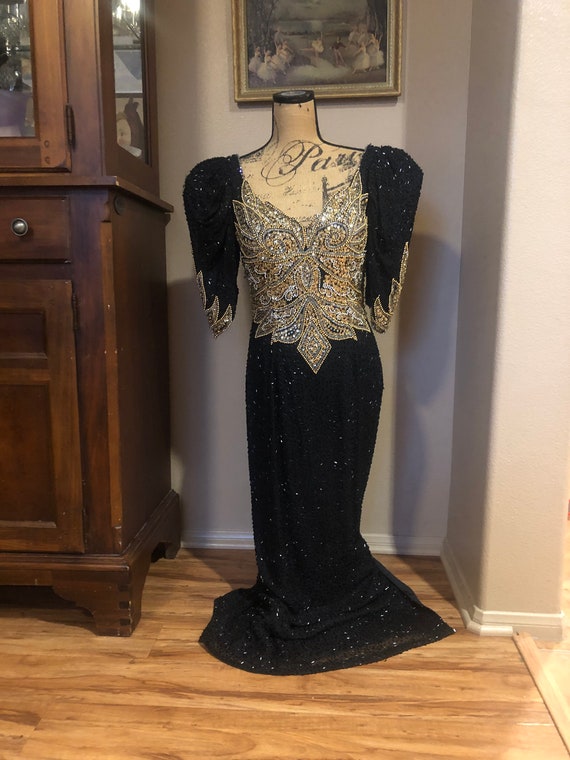 Glamorous vintage 1980s black and gold beaded dre… - image 1