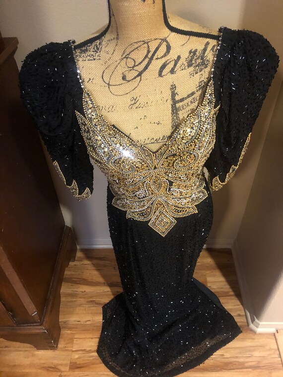 Glamorous vintage 1980s black and gold beaded dre… - image 2