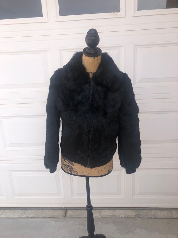 Sexy 1970s black rabbit fur bomber jacket size med