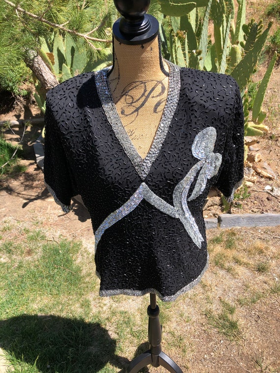 Vintage 1980 sequin black and silver bow blouse s… - image 4