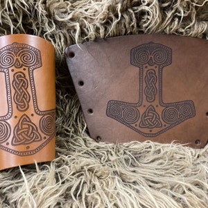 Thor&#39;s Hammer laser etched leather Viking bracer