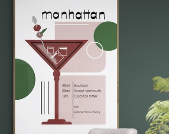 Manhattan drink print, Cocktail poster for kitchen, Cocktail recipe art, Digital download, Bar cart decor, Signature cocktail, Food print