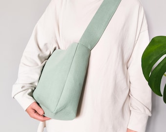Crossbody Einkaufstasche in Mintgrün: Handgenähte Schultertasche, Upcycled Textile