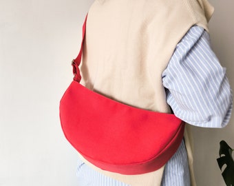 Red Dumpling Bag, Trendy Hobo Bag, Sling Bag, Minimalist Work bag, Crossbody Bag, Half Moon Bag, Zipper Bag for Woman, Upcycled Bag