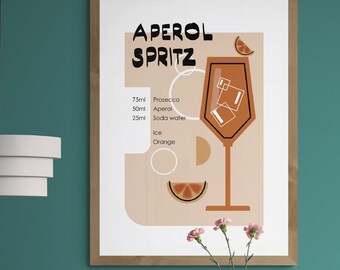 Aperol spritz poster, Cocktail print, Alcohol poster, Cocktail recipe wall art, Bar cart decor, Digital download print, Cocktail art