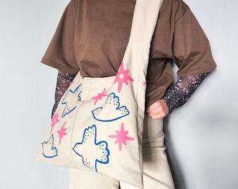 Große Hobo Tasche, Handbemalte Slouchy Crossbody, Upcycled Canvas Tote