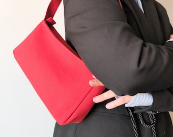 Red Baguette Bag, Trendy Shoulder Bag, Small Everyday Bag, Upcycled Canvas Bag, Casual Handbag, Zipper Bag, Minimalist Work Bag, Vegan Bag