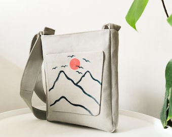 Handbemalte Umhängetasche: Kleine Reissverschluss-Tasche, Upcycled Textile Reisetasche