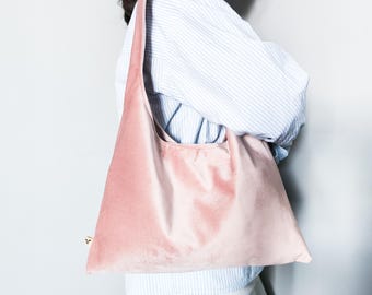 Pink Velvet Hobo Bag: Slouchy Bag, Tote Bag, Upcycled Polyester