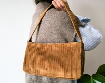 Brown Baguette Bag, Shoulder Bag, Corduroy Bag,  Upcycled Bag, Casual Zipper Bag, Trendy Everyday Bag, Vegan Bag for Women, Minimalist Bag