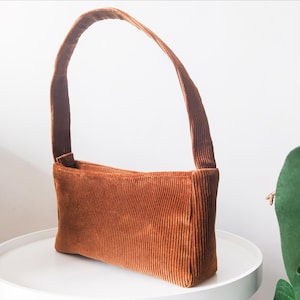 Retro Cord Schultertasche, Reißverschluss Tasche, Braune Tote, Mini Handtasche, Upcycled Textil, Minimalistische Arbeitstasche, Vegan Geldbörse für Frauen