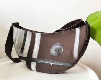 Handbemalte Crossbody Bananen Tasche: Baumwolle Reißverschluss Beutel, Braune Gürteltasche