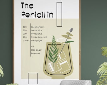 Penicillin cocktail print, Cocktail recipe wall art, Digital download, Food kitchen prints, Bar cart decor, Signature cocktail print