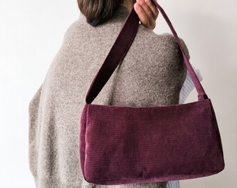 Burgundy Baguette Bag, Corduroy Bag with Purse Scarf, Shoulder Bag, Upcycled Bag, Casual Zipper Bag, Trendy Everyday Bag, Minimalist Bag