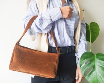 Corduroy Baguette Bag, Small Shoulder Bag with Purse Scarf, Brown Zipper Bag, Upcycled Bag, Minimalist Work Bag, Trendy Vegan Bag, Casual