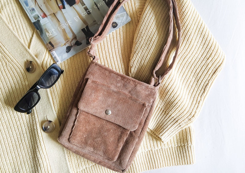 Vegan crossbody bag, Corduroy bag, Upcycled, Handmade zipper bag, Trendy everyday bag, Crossbody purse, Canvas bag, Minimalist travel purse image 2