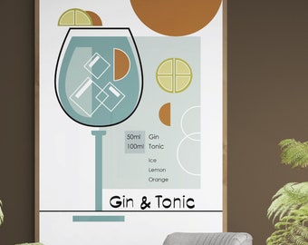 Gin and tonic print, Cocktail poster for kitchen, Digital download, Cocktail recipe wall art, Bar cart decor, Signature cocktail print