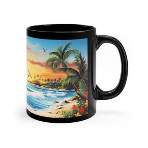 Black Ceramic Mug: 8K Beach Scene with Neo-Geo Golden Light & Exotic Birds 11oz Black Mug