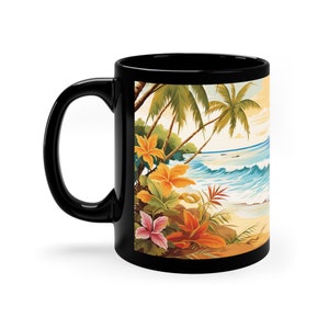 Black Ceramic Mug: Digital Beachscape with Vibrant Tenwave Illustrations 11oz Black Mug