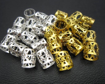 50-100pcs small gold and silver dreadlock Beads dread tube hair braid adjustable cuff clip 7.3mm hole