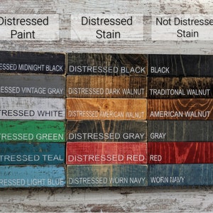 May include: A wood stain color chart with distressed and non-distressed options. The chart includes colors like Midnight Black, Vintage Gray, White, Green, Teal, Light Blue, Black, Dark Walnut, Traditional Walnut, American Walnut, Gray, Red, and Worn Navy.