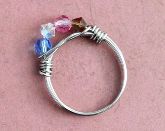 Blue Pink Brown and Clear Crystal Ring, Size 7, Womens Teens Stainless Steel Jewelry, Wife Girlfriend Mom Sister Daughter Friend Gift Her