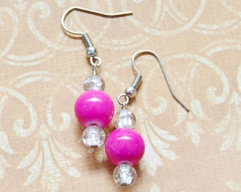 Pink and Clear Pierced Earrings, Womens Teens Girls Dangle Bead Jewelry, Wife Girlfriend Mom Sister Daughter Friend Gift For Her