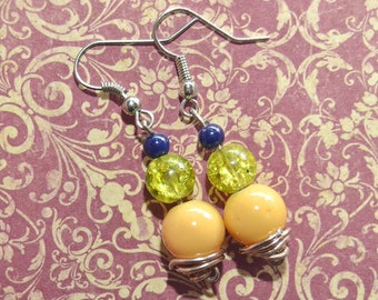 Yellow and Green Pierced Earrings, Womens Teens Dangle Bead Jewelry, Wife Girlfriend Mom Sister Daughter Friend Gift For Her