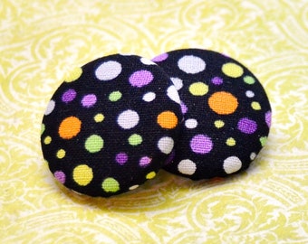 Black Polka Dot Button Earrings, Clip On, Pierced, Non Pierced, Womens Teens Fabric Jewelry, Wife Girlfriend Mom Sister Daughter Gift Her