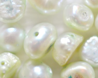 Pale Green Cultured Freshwater Pearls, Flat Potato, Center Drilled, 6 - 7mm, 29 Dyed Beads, Jewelry Making, Beading, Pastel Craft Supply
