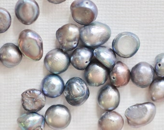 Silver Blue Cultured Freshwater Pearls, Flat Potato, Center Drilled, 7 - 8 mm, 26 Dyed Beads, Jewelry Making, Beading, Craft Supply