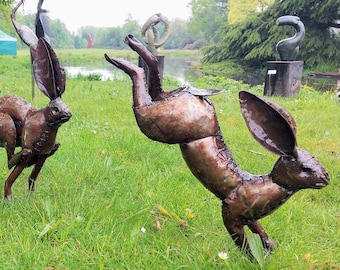 set of 3 hares or bunnies, garden sculpture,  made  from recycled metal, yard art, metal art, playful hares or rabbits, joyful garden decor