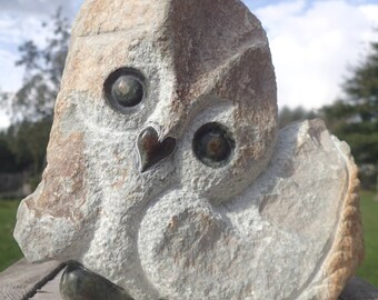 unique owl, handmade in Zimbabwe, green opal serpentine, stone-owl, sculpture of an owl