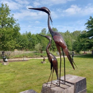 mother and child heron made from recycled metal, handmade in Zimbabwe, heron sculpture, garden decoration, ornament, outdoor statue