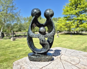 stone sculpture, family of 3 people, statue made of serpentine stone, handcrafted in Zimbabwe, unique gift and decoration